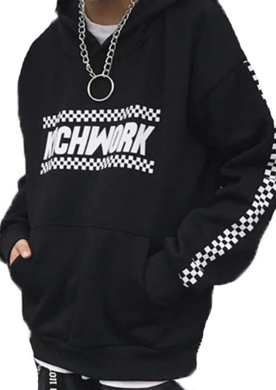 Gee Black Pullover Hoodie with Checkered Sleeves and Graphic